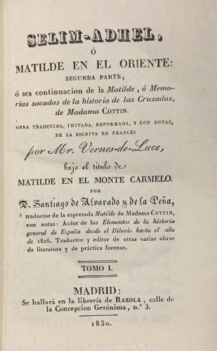 Portada de Selim-Adhel � Matilde en el Oriente - Francois Vernes de Luce