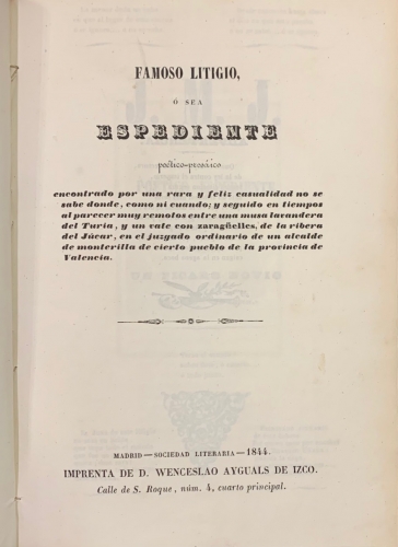 Portada de Famoso Litigio, � sea Espediente po�tico-pros�ico..entre una musa lavandera del Turia y un vate con zarag�elles de la ribera del J�car