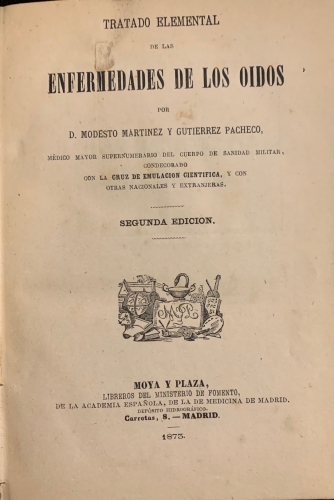 Portada de Tratado Elemental de las Enfermedades de los Oidos - Modesto Martinez y Gutierrez Pacheco