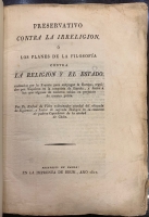 Portada de libro Preservativo contra la Irreligion � los Planes de la Filosof�a contra...