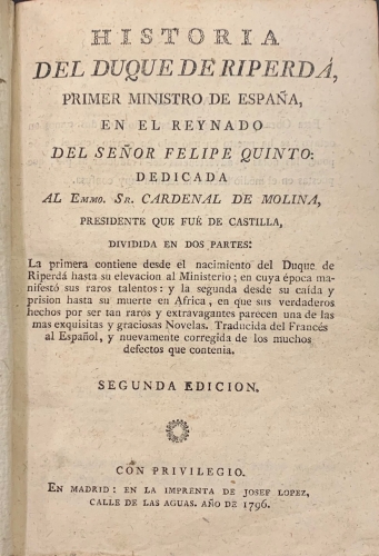 Portada de Historia del Duque de Riperda, Primer Ministro de Espa�a en el Reynado del Se�or Felipe Quinto - Pierre Massuet
