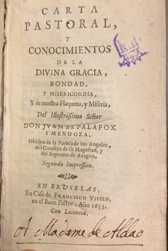 Portada de Carta Pastoral y Conocimientos de la Divina Gracia, Bondad y Misericordia - Juan de Palafox y Mendoza