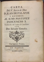 Portada de libro Carta del V. Siervo de Dios D. Juan de Palafox y Mendoza al Sumo...