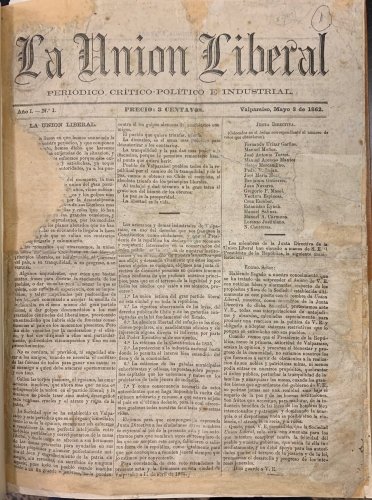Portada de La Uni�n Liberal. Periodico Cr�tico-Pol�tico e Industrial. Valparaiso, Chile. A�o 1862