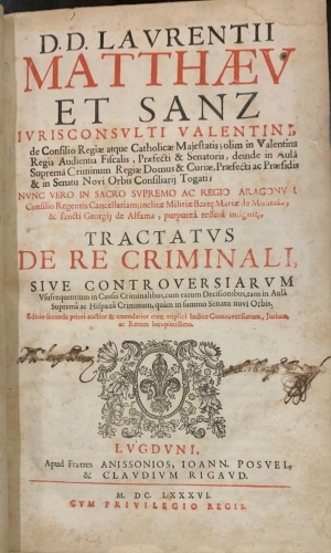 Portada de Tractatus de Re Criminali sive Controversiarum - Lorenzo Matheu y Sanz
