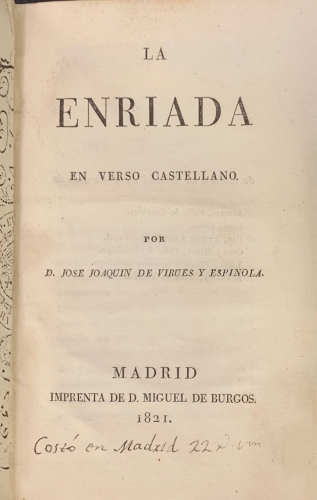 Portada de La Enriada en verso castellano - Voltaire. Jose Joaquin de Virues y Espinola