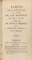 Portada de libro Tablas Aritmeticas del Valor de las Monedas de Oro y Plata y reducci�n...