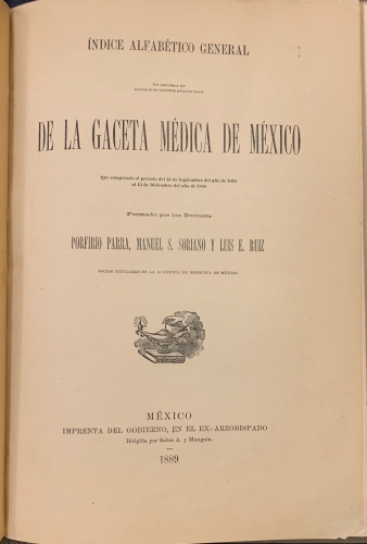 Portada de Indice Alfabetico por materia y por autores de los veintitres primeros tomos de la Gaceta Medica de Mexico - Porfirio Parra, Manuel S. Soriano y Luis E. Ruiz