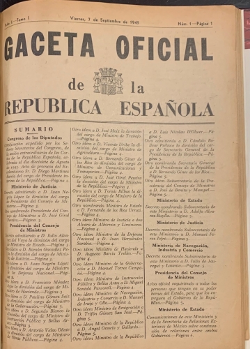 Portada de Gaceta Oficial de la Republica Espa�ola. Del n� 1, 7 de septiembre de 1945 al al n� 24, 25 de Junio de 1949