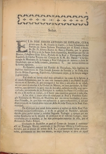 Portada de Relaci�n de M�ritios de D. Joseph Antonio de Estrada, Cura propio por S.M., Vicario in Capite y Juez Exlesiastico del Partido de Santa Barbara Tecoaloya, Mexico