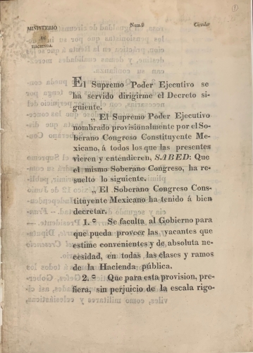 Portada de Supremo Poder Ejecutivo. Circular del Ministerio de Hacienda. Mexico 14 de Junio de 1823