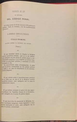 Portada de Proyecto de Ley de Reforma del Codigo Penal de 10 de Abril de 1877