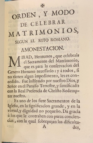 Portada de Orden y Modo de Celebrar Matrimonios segun el Rito Romano