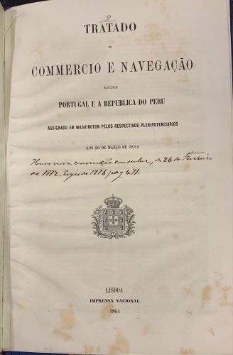 Portada de Tratado de Commercio e Navega�ao entre Portugal e a Republica do Peru assignado em Washington pelos respectivos plenipotenciarios aos 26 de Marzo de 1853