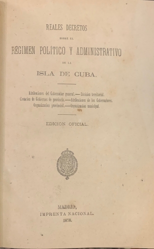 Portada de Reales Decretos sobre el Regimen Politico y Administrativo de la Isla de Cuba
