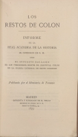 Portada de libro Los Restos de Colon. Informe de la Real Academia de la Historia al...