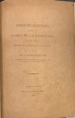 Portada de Observaciones de la Teoria de la Evoluci�n leidas en la Sociedad Cientifica Argentina por el Dr. Ladislao Netto - Ladislao Netto