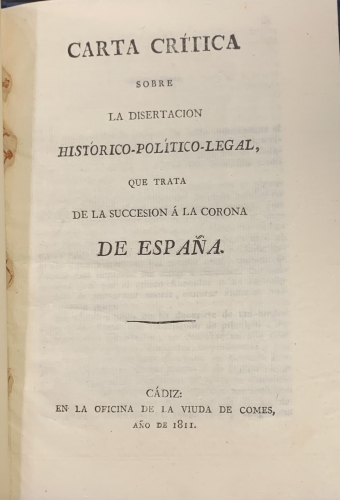 Portada de Carta Critica sobre la Disertaci�n Historico-Politico-Legal que trata de la Sucesion a la Corona de Espa�a