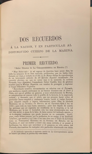 Portada de Dos Recuerdos a la Nacion y en particular al distinguido Cuerpo de la Marina