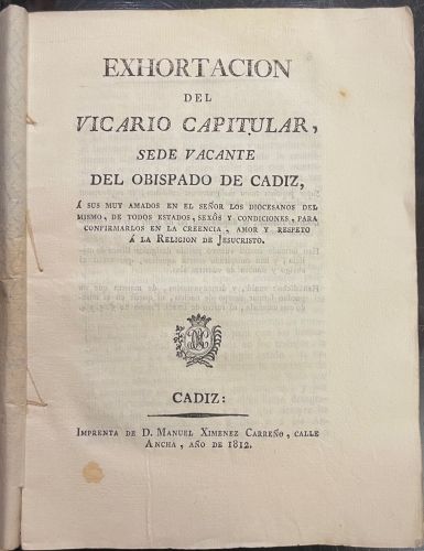 Portada de Exhortacion del Vicario Capitular Sede Vacante Del obispado De C�diz. Guerra de la Independencia
