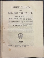Portada de libro Exhortacion del Vicario Capitular Sede Vacante Del obispado De C�diz....