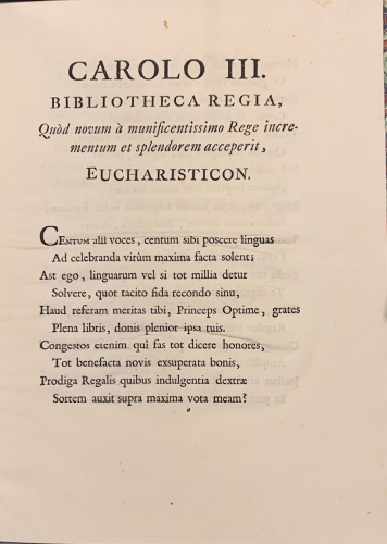 Portada de Carolo III. Bibliotheca Regia, Eucharisticon. Acci�n de Gracias de la Real Bibliotheca a Carlos III  - Juan de Iriarte