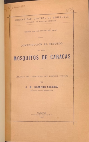 Portada de Contribuci�n al Estudio de los Mosquitos de Caracas - J. M. Romero Sierra