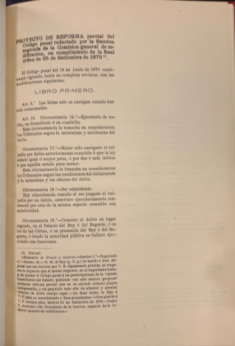 Portada de Proyecto de Reforma parcial del C�digo Penal redactado por la secci�n segunda de la Comisi�n General de codificaci�n en cumplimiento de la Real Orden de 25 de Setiembre de 1879
