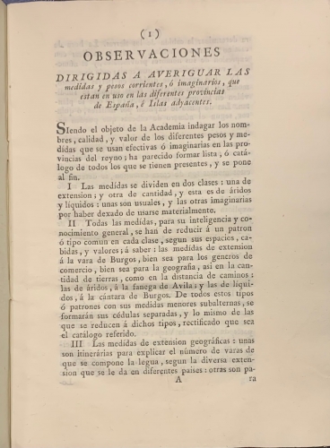Portada de Observaciones dirigidas a averiguar las medidas y pesos corrientes, � imaginarios, que est�n en uso en las diferentes provincias de Espa�a e Islas Adyacentes