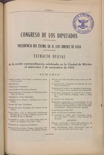 Portada de Cortes Republicanas en M�xico 1945. Congreso de los Diputados, 7-8-9 de Noviembre de 1945