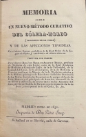Portada de libro Memoria sobre un nuevo metodo curativo del Colera-Morbo (Mordechi De...
