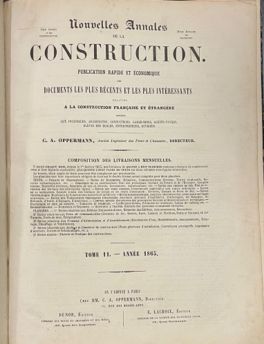 Portada de Nouvelles Annales de la Construction. Tome 11. Anne 1865 - C. A. Oppermann