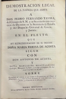 Portada de libro Demostracion Legal de la Justicia que asiste a Don Pedro Fernando...