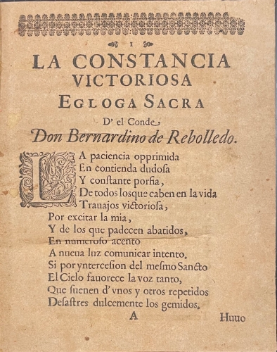 Portada de La Constancia Victoriosa. Egloga Sacra - Bernardino de Rebolledo