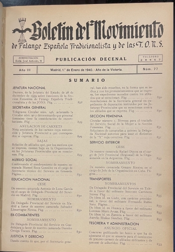Portada de Boletin del Movimiento de Falange Espa�ola Tradicionalista y de la J.O.N.S.  A�o 1940. 