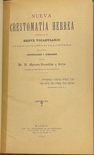 Portada de Nueva Crestomat�a Hebrea seguida de un breve vocabulario - Mariano Viscasillas y Urriza