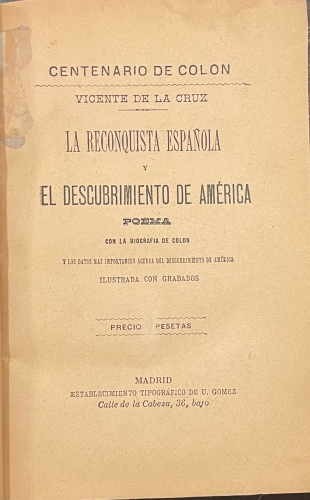 Portada de La Reconquista Espa�ola y el Descubrimiento de Am�rica. Poema.  - Vicente de la Cruz