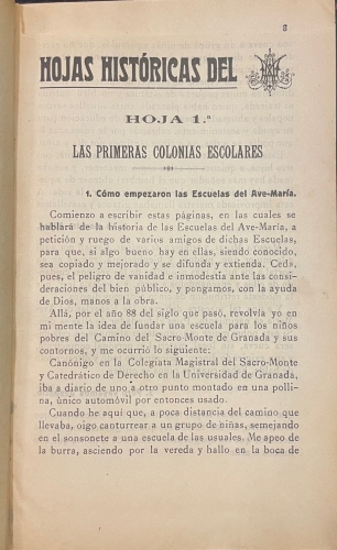 Portada de Hojas Hist�ricas del Ave Mar�a. Escuelas del Ave Mar�a.  - Andr�s Manjon