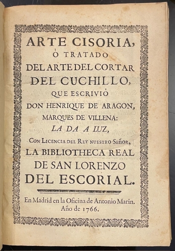 Portada de Arte Cisoria, o Tratado del Arte del Cortar del Cuchillo - Enrique de Aragon
