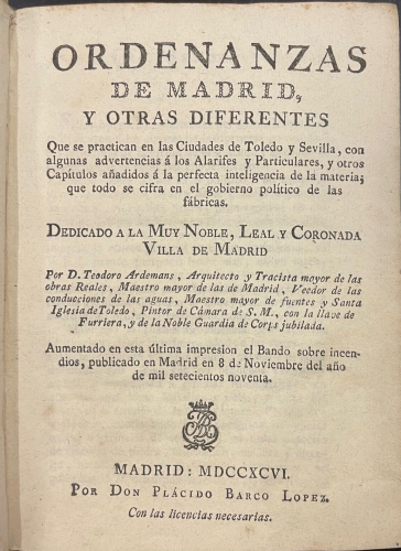 Portada de Ordenanzas de Madrid  - Teodoro Ardemans