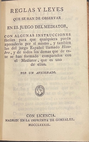 Portada de Reglas y Leyes q se han de observar en el juego del Mediator