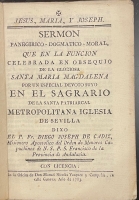 Portada de libro Serm�n Panegirico, Dogm�tico, Moral Que En La Funci�n celebrada En...