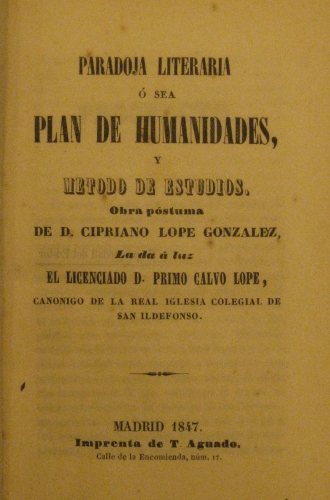 Portada de Paradoja Literaria, Plan De Humanidades y M�todos De Estudio  De Cipriano L�pez.  Observaciones Sobre La caida Del Sr. Abate De Las Mennais Por Gerbert. Noches Sagradas De Luis Richeri.