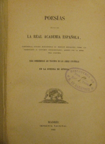 Portada de Poes�as Que Da a Luz La Real Academia Espa�ola Para Conmemorar Los Triunfos De Las Armas espa�olas En La guerra De �frica