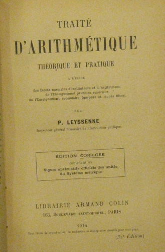 Portada de Trait� D' Arithm�tique Th�orique et Pratique - P. Leyssenne