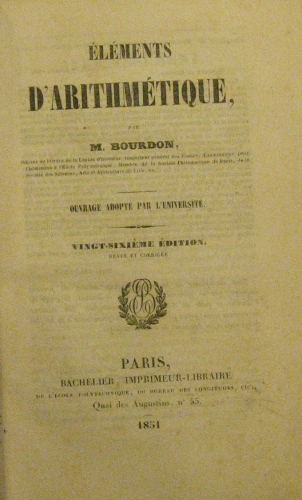 Portada de �l�ments D' Arithm�tique - M. Bourdon