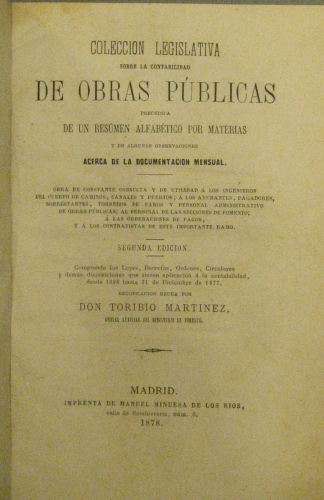 Portada de Colecci�n Legislativa Sobre La Contabilidad De Obras P�blicas - Toribio Martinez