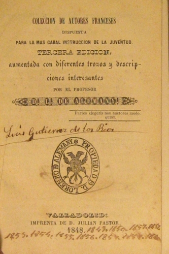 Portada de Colecci�n De Autores Franceses Dispuesta Para La M�s Cabal Instrucci�n De La Juventud - L. De Alemany