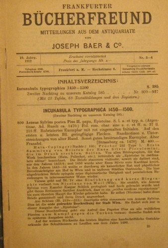 Portada de Frankfurter B�cherfreund Mitteilungen Aus Dem Antiquariate. 10 Jahrg 1912. Nr 3-4. Incunabula Typographica 1450-1500 - Joseph Baer 