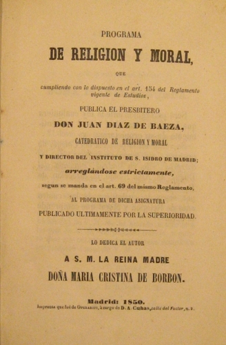 Portada de Programa De Religion y Moral. - Juan Diaz de Baeza